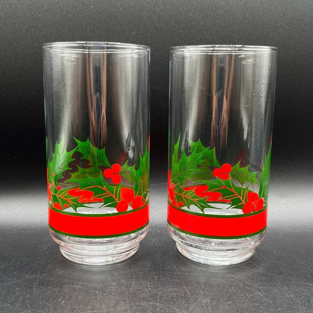 Vtg Libbey Christmas Holly Berries Highball Glasses Ice Tea Set of 2 14 oz
